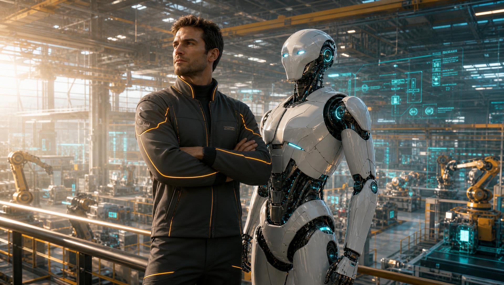 A human engineer and a humanoid robot standing side by side above an automated factory floor